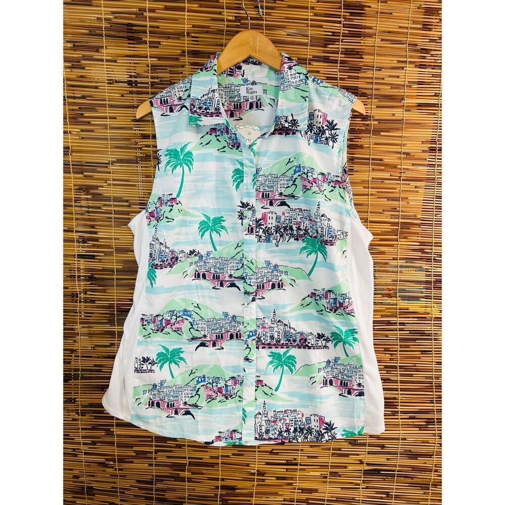 Kim Rogers Sleeveless Button Tank  Hawaiian Palm Trees NWT XXL